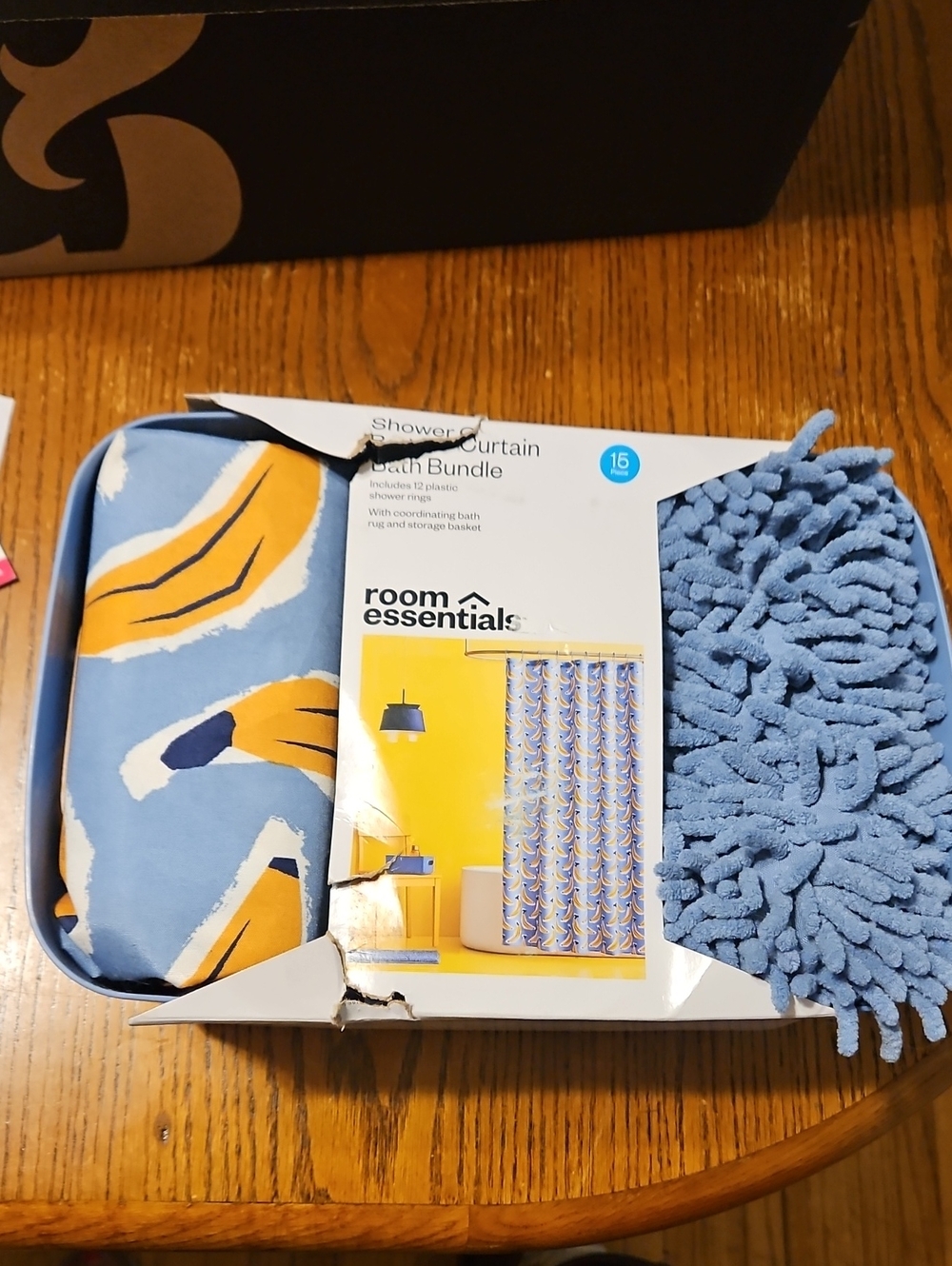 Room Essentials Blue Shower Curtain With Bananas On It and Bath Bundle